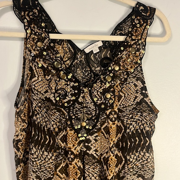 Sheer Boho beaded tank top Size Medium Snakeskin Browns Harlow Zee Tunic - Picture 2 of 9